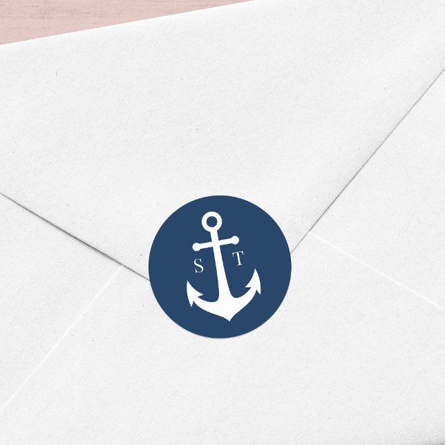 Editable Background Colour Monogram Anchor Wedding Classic Round Sticker (Creator Uploaded)