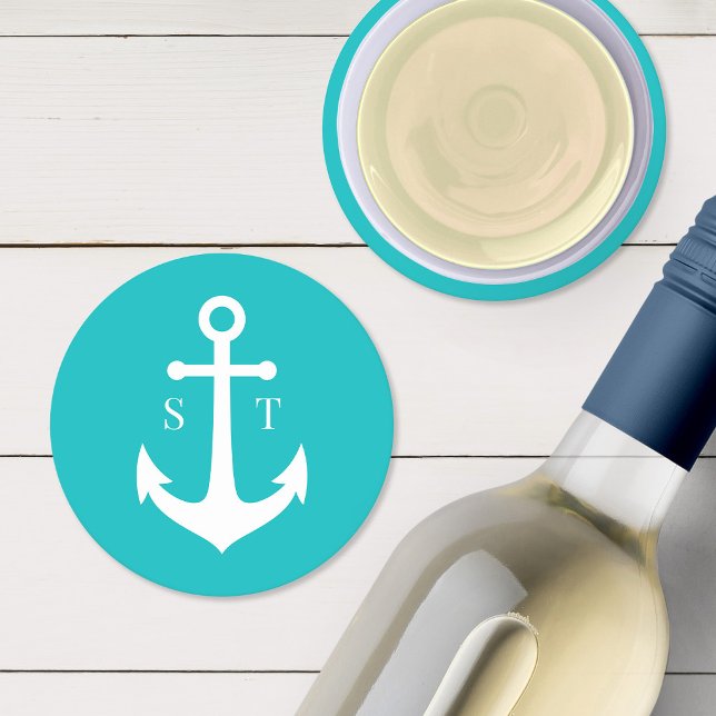 Editable Background Colour Monogram Anchor Wedding Round Paper Coaster (Creator Uploaded)