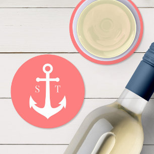 Editable Background Colour Monogram Anchor Wedding Round Paper Coaster