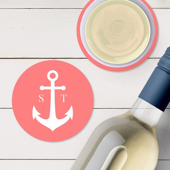 Editable Background Colour Monogram Anchor Wedding Round Paper Coaster (Creator Uploaded)