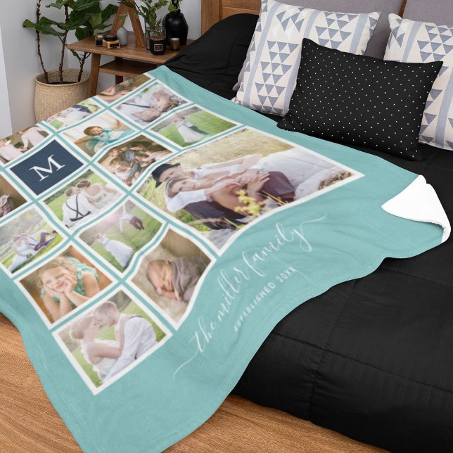 Editable Background Colour Monogram Photo Collage Fleece Blanket (Creator Uploaded)