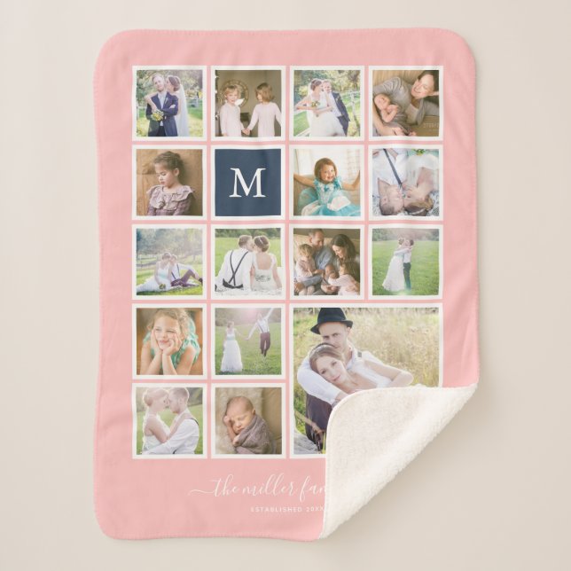 Editable Background Colour Monogram Photo Collage Sherpa Blanket (Front)