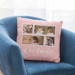 Editable Background Colour Our Family Photo Collag Cushion<br><div class="desc">Pillow featuring the words "Our Family" in a white stylish script with 4 photos with a white border around them arranged side by side on the front and back side making it 8 photos in total that you can replace with you own photos against an editable background colour (click "customise"...</div>