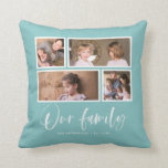 Editable Background Colour Our Family Photo Collag Cushion<br><div class="desc">Pillow featuring the words "Our Family" in a white stylish script with 4 photos with a white border around them arranged side by side on the front and back side making it 8 photos in total that you can replace with you own photos against an editable background colour (click "customise"...</div>