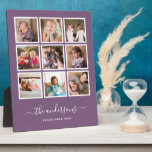 Editable Background Colour Photo Collage Script Plaque<br><div class="desc">Photo Plaque with 9 square photos arranged in a grid layout each with a white border around them against an editable background colour (click customise to change background colour). You can also add your family name in a stylish calligraphy font and the year established. Perfect for wedding gifts, family keepsakes,...</div>