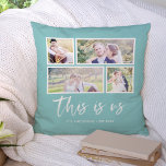 Editable Background Colour This is Us Photo Collag Cushion<br><div class="desc">Pillow featuring the words "this is us" in a white stylish script with 4 photos with a white border around them arranged side by side on the front and back side making it 8 photos in total that you can replace with you own photos against an editable background colour (click...</div>
