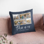 Editable Background Colour This is Us Photo Collag Cushion<br><div class="desc">Pillow featuring the words "this is us" in a white stylish script with 4 photos with a white border around them arranged side by side on the front and back side making it 8 photos in total that you can replace with you own photos against an editable background colour (click...</div>