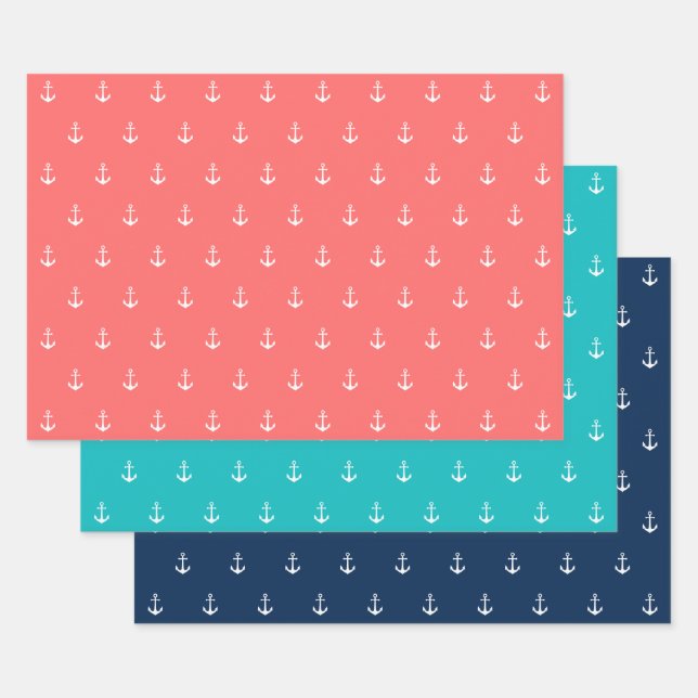 Editable Background Colour White Anchor Nautical Wrapping Paper Sheet (Set)