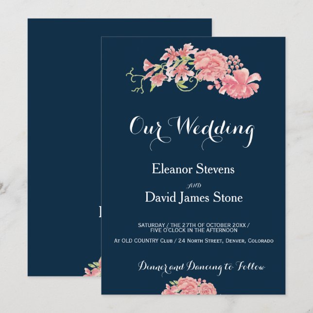 Editable background floral blush peonies wedding invitation (Front/Back)