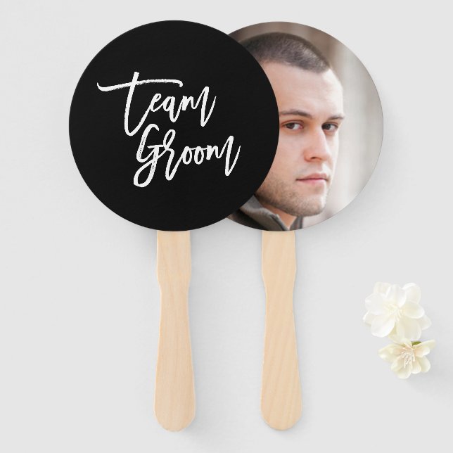 Editable Background White Brush Script Team Groom Hand Fan (Front and Back)