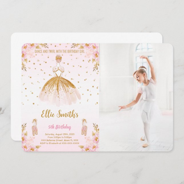 Editable Ballerina Birthday Photo Invitation (Front/Back)