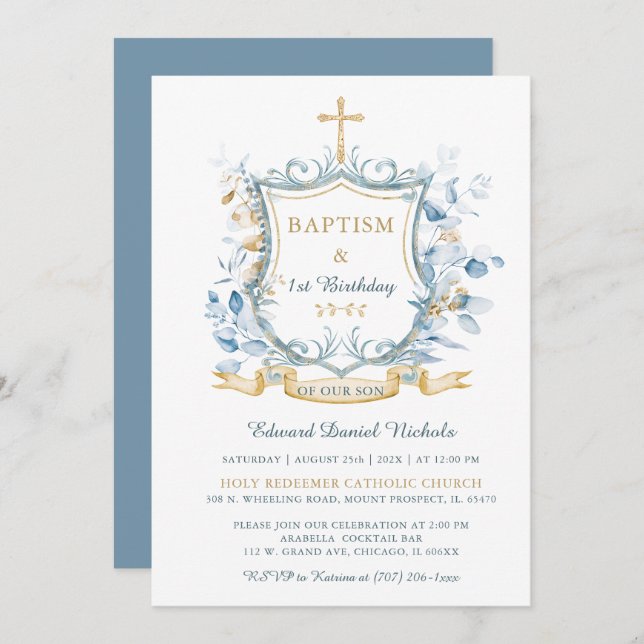  Editable Baptism Blue and Gold Monogram  Invitation (Front/Back)