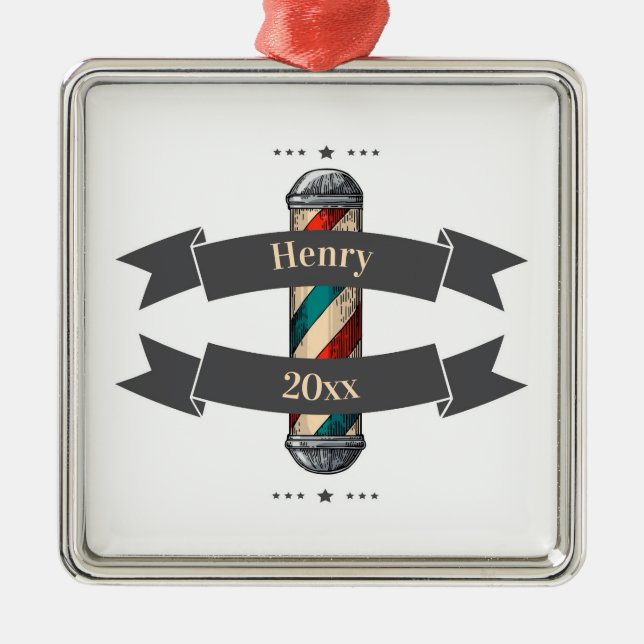 Editable Barbershop Hairdresser Metal Ornament (Front)