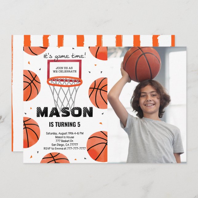 Editable basketball Birthday Photo Invitation (Front/Back)