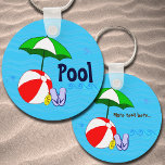 Editable Beach Ball Pool Umbrella Waves Key Ring<br><div class="desc">A pool key chain with editable,  retro blue letters front and back,  and fun beach or swimming pool themed art of a red beach ball,  green sun umbrella,  vacation sandals and suntan oil on a watery blue background with curly waves.</div>