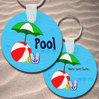 Editable Beach Ball Pool Umbrella Waves Key Ring