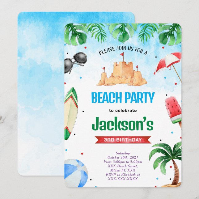 Editable Beach Birthday Invitations (Front/Back)