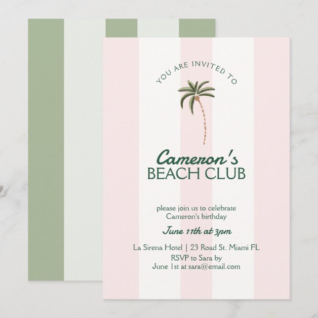 Editable Beach Club Cabana Invitation Birthday (Front/Back)