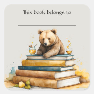 Editable Bear and Books Bookplate Sticker
