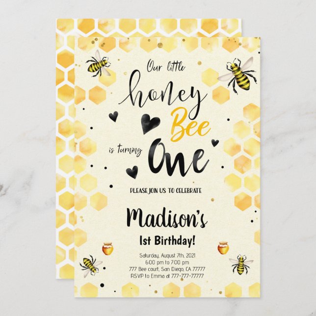 Editable Bee Birthday Invitation (Front/Back)