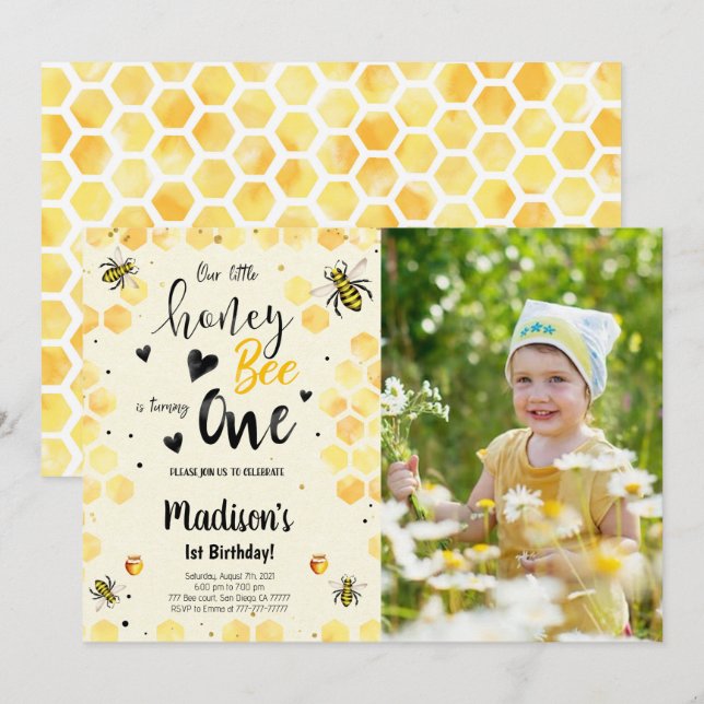 Editable Bee Birthday Photo Invitation (Front/Back)