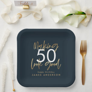 editable Birthday blue and gold simple elegant  Paper Plate