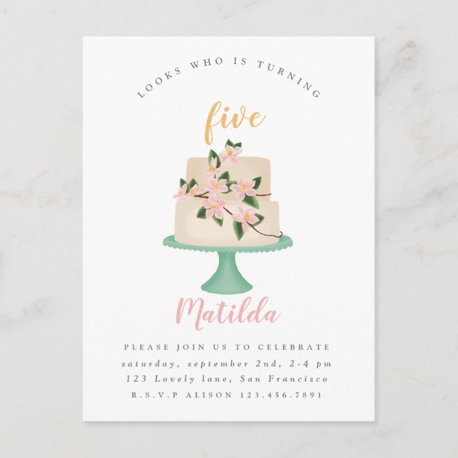 editable birthday cake party invitation postcard (Front)