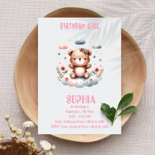 Editable Birthday Girl Teddy Bear Invitation 🧸💖