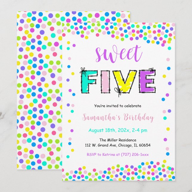 Editable Birthday Invitation Girl Age 5 (Front/Back)