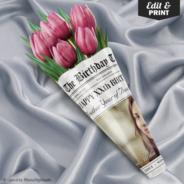 Editable Birthday Newspaper Flower Bouquet Wrapping Paper Sheet (Editable Birthday Newspaper Flower Bouquet Wrapping Paper Sheets)