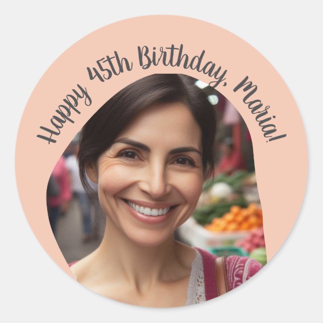 Editable Birthday Photo Name Any Age Custom Classic Round Sticker (Front)