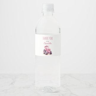 Editable Birthday Pink Tractor Water Bottle Label