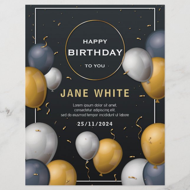 Editable Black And Gold Balloon Adult Birthday  Flyer (Front)