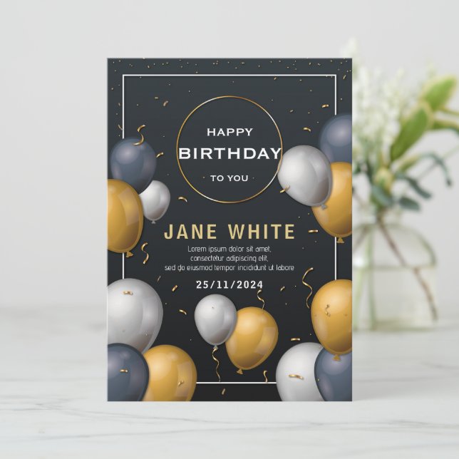 Editable Black And Gold Balloon Adult Birthday  Invitation (Standing Front)