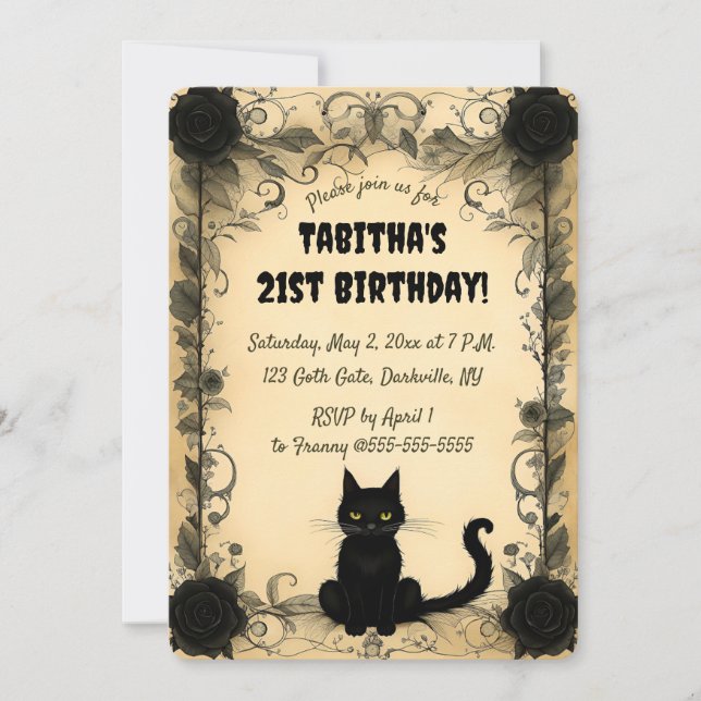 Editable Black Cat And Black Flowers Invitation (Front)