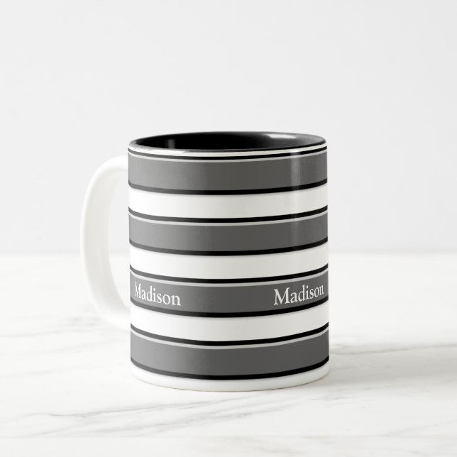 Editable Black Grey Horizontal Stripes on White Two-Tone Coffee Mug (Front Left)