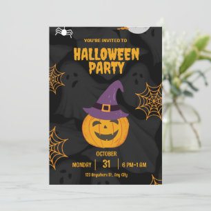 Editable Black Orange Pumbkin Halloween Party  Invitation