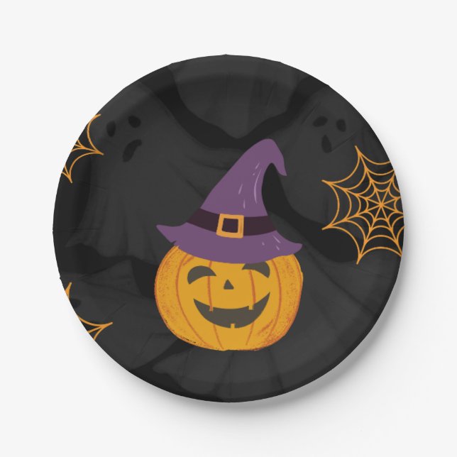 Editable Black Orange Pumbkin Halloween Party  Paper Plate (Front)