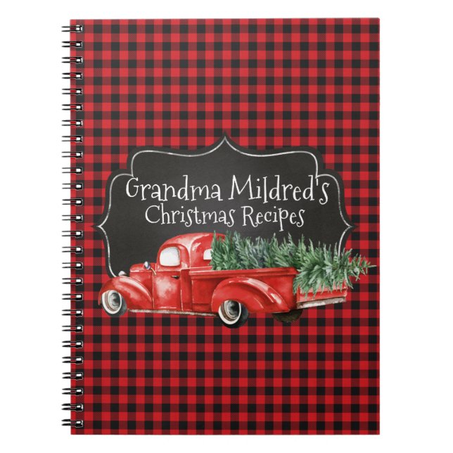 Editable Black Red Buffalo Plaid Red Truck Notebook (Front)