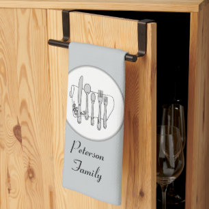 Editable Black, White and Grey Silverware Utensils Tea Towel