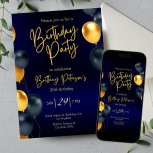 Editable Blue and Gold Birthday Invitation for Men