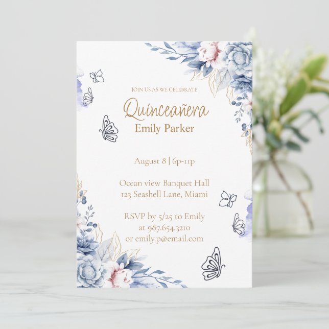 Editable Blue and Gold Quinceañera Invitation (Standing Front)