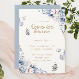 Editable Blue and Gold Quinceañera Invitation
