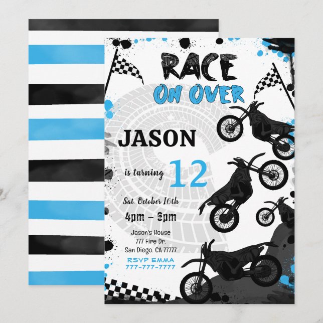Editable Blue Bike Birthday Invitation  (Front/Back)