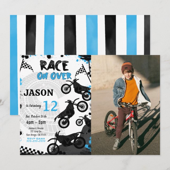 Editable Blue Bike Birthday Photo Invitation  (Front/Back)