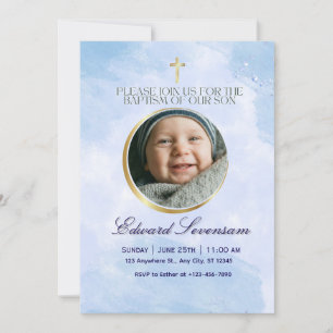 Editable Blue Cloud Baby Boy Baptism  Invitation