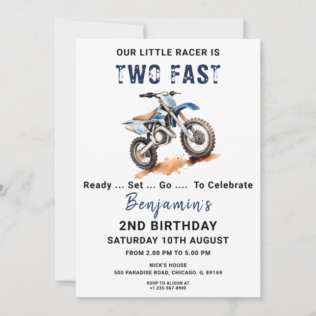 Editable Blue Dirt Bike 2nd Birthday Invitation (Front)