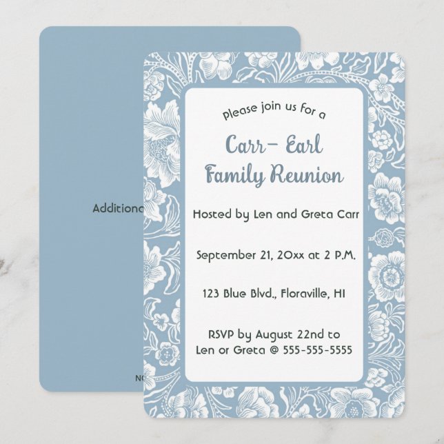 Editable Blue Floral  Invitation (Front/Back)