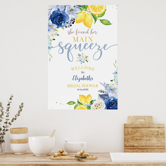 Editable Blue Floral Lemon Bridal Shower She Found Poster (Kitchen)