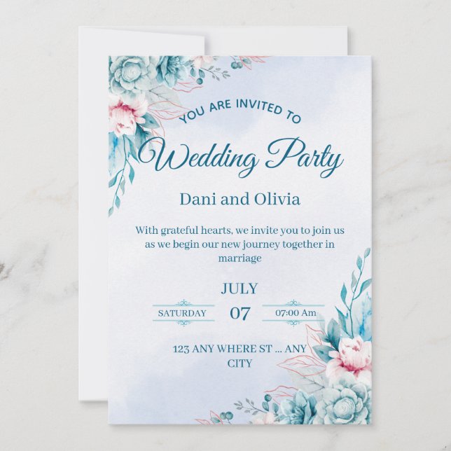 Editable Blue Floral Wedding Invitation Card (Front)